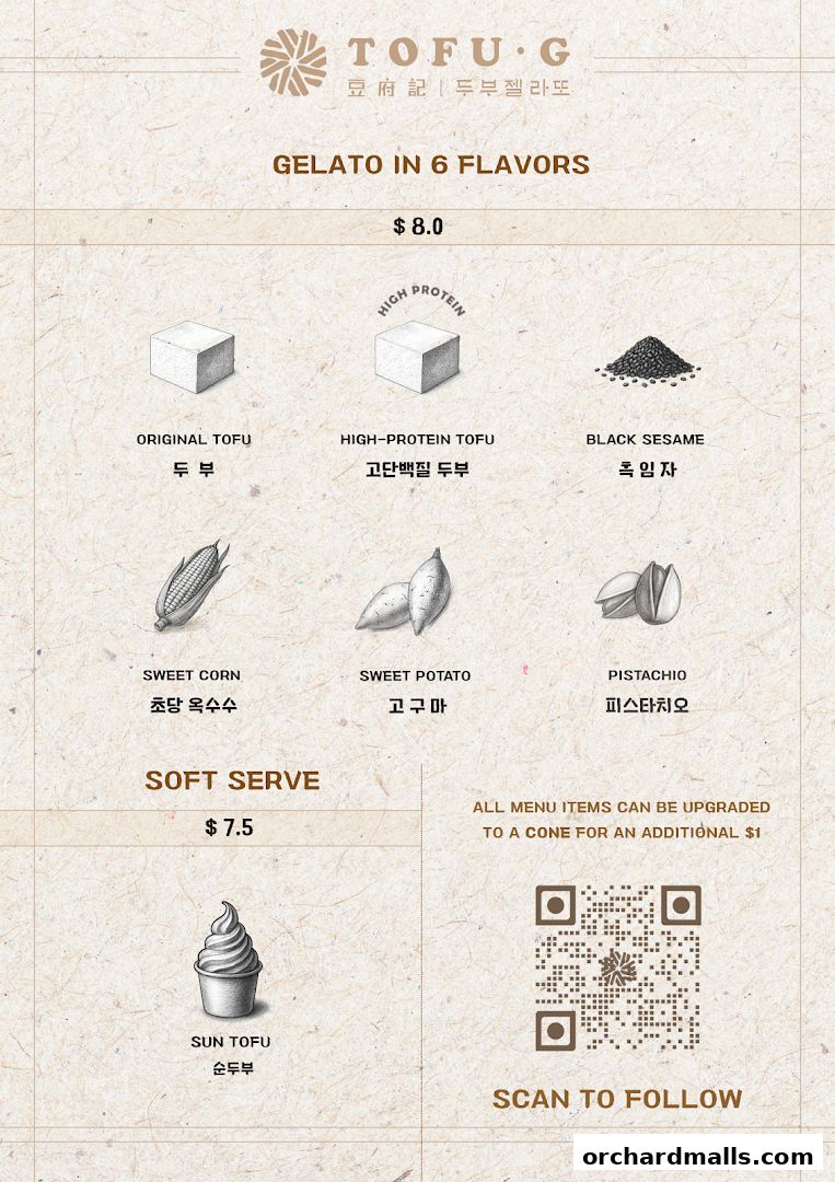 Menu page for Tofu G Gelato  Korean Premium Ice Cream Mandarin Gallery, Orchard Pop-Up