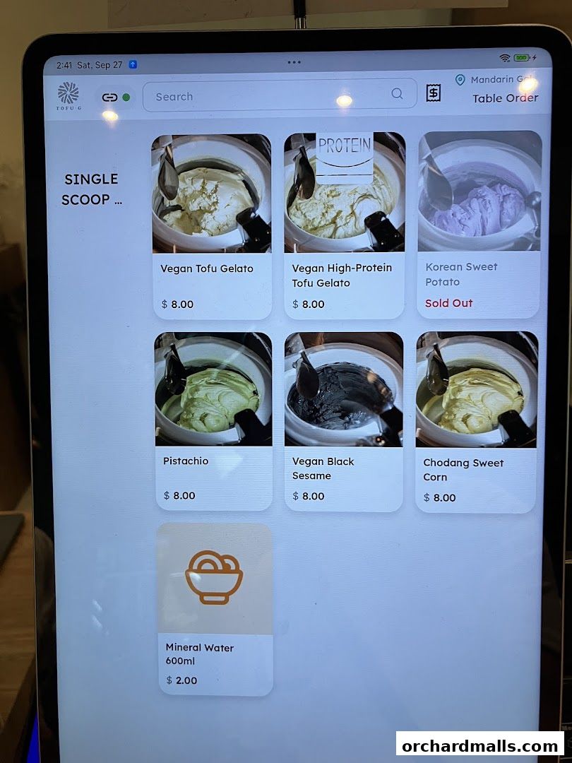 Menu page for Tofu G Gelato  Korean Premium Ice Cream Mandarin Gallery, Orchard Pop-Up