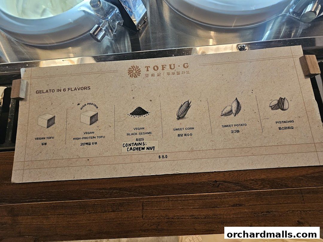 Menu page for Tofu G Gelato  Korean Premium Ice Cream Mandarin Gallery, Orchard Pop-Up