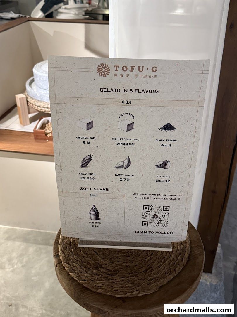 Menu page for Tofu G Gelato  Korean Premium Ice Cream Mandarin Gallery, Orchard Pop-Up