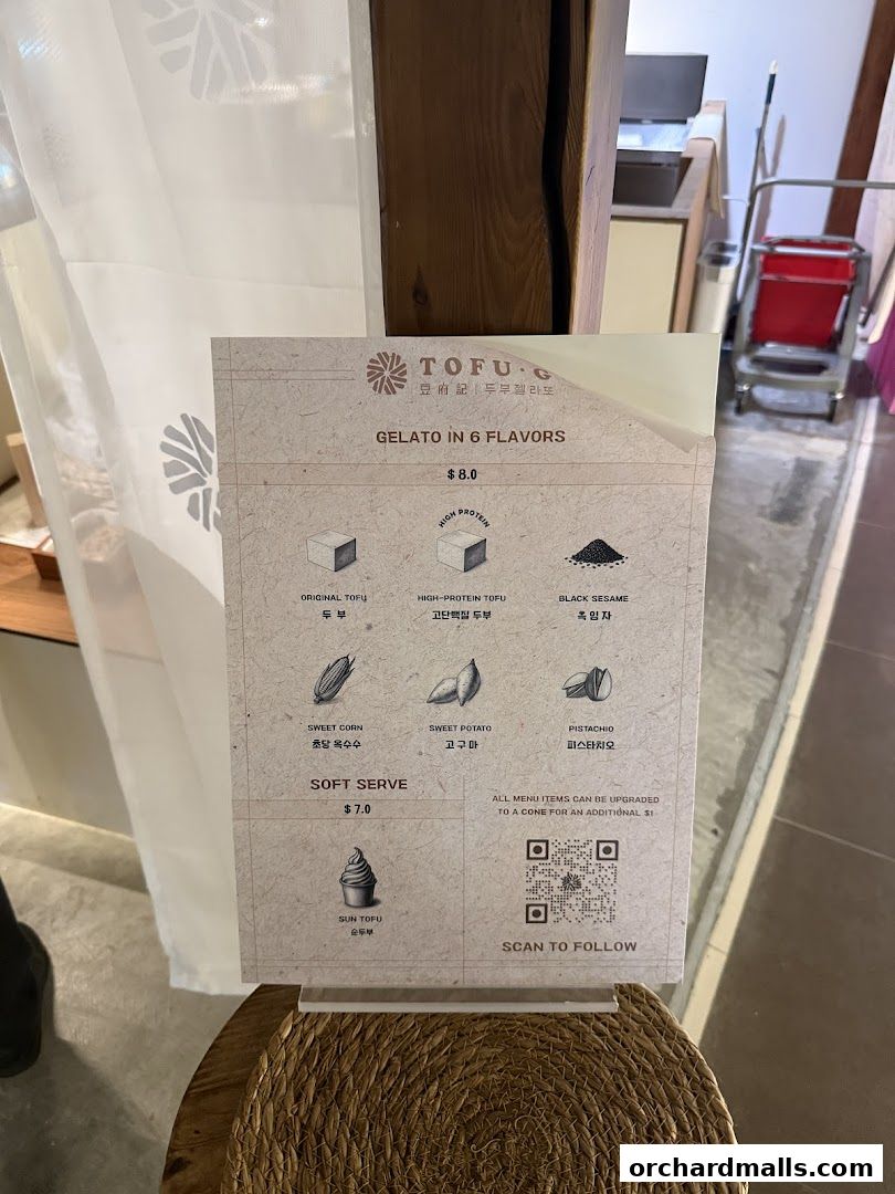 Menu page for Tofu G Gelato  Korean Premium Ice Cream Mandarin Gallery, Orchard Pop-Up