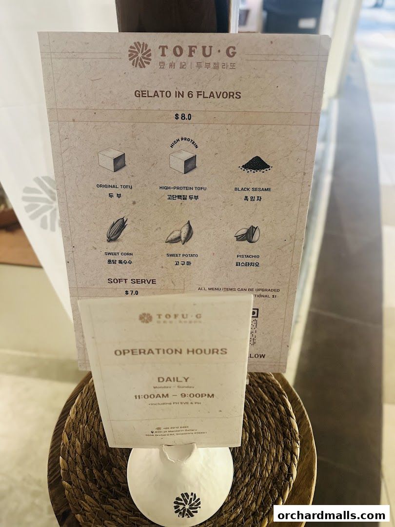 Menu page for Tofu G Gelato  Korean Premium Ice Cream Mandarin Gallery, Orchard Pop-Up