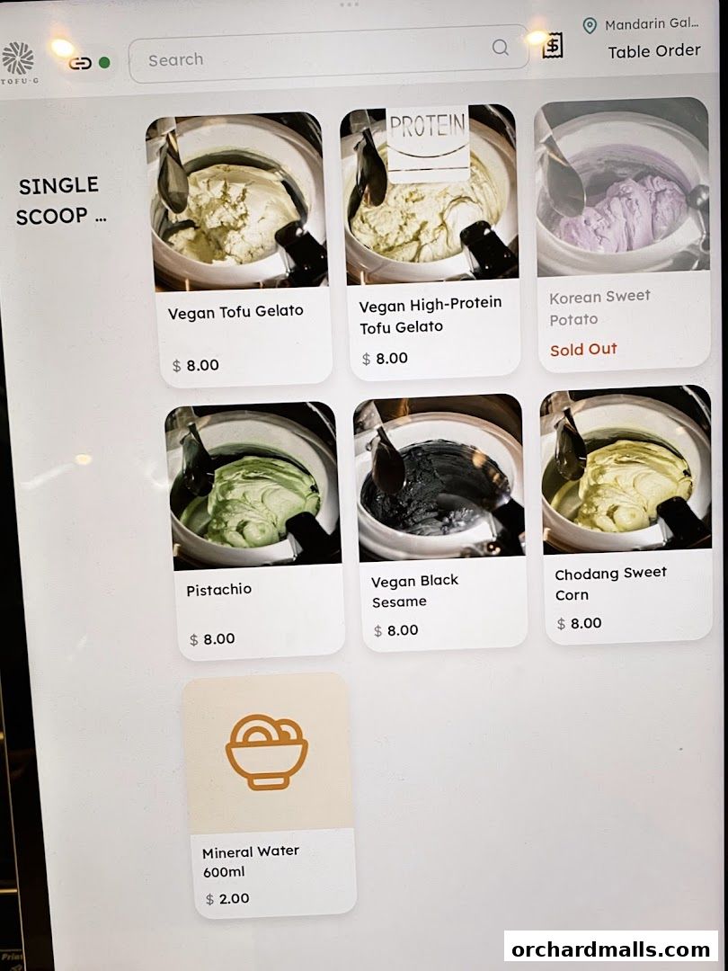 Menu page for Tofu G Gelato  Korean Premium Ice Cream Mandarin Gallery, Orchard Pop-Up