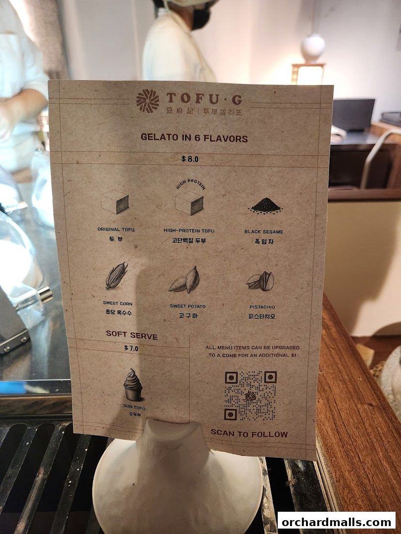 Menu page for Tofu G Gelato  Korean Premium Ice Cream Mandarin Gallery, Orchard Pop-Up