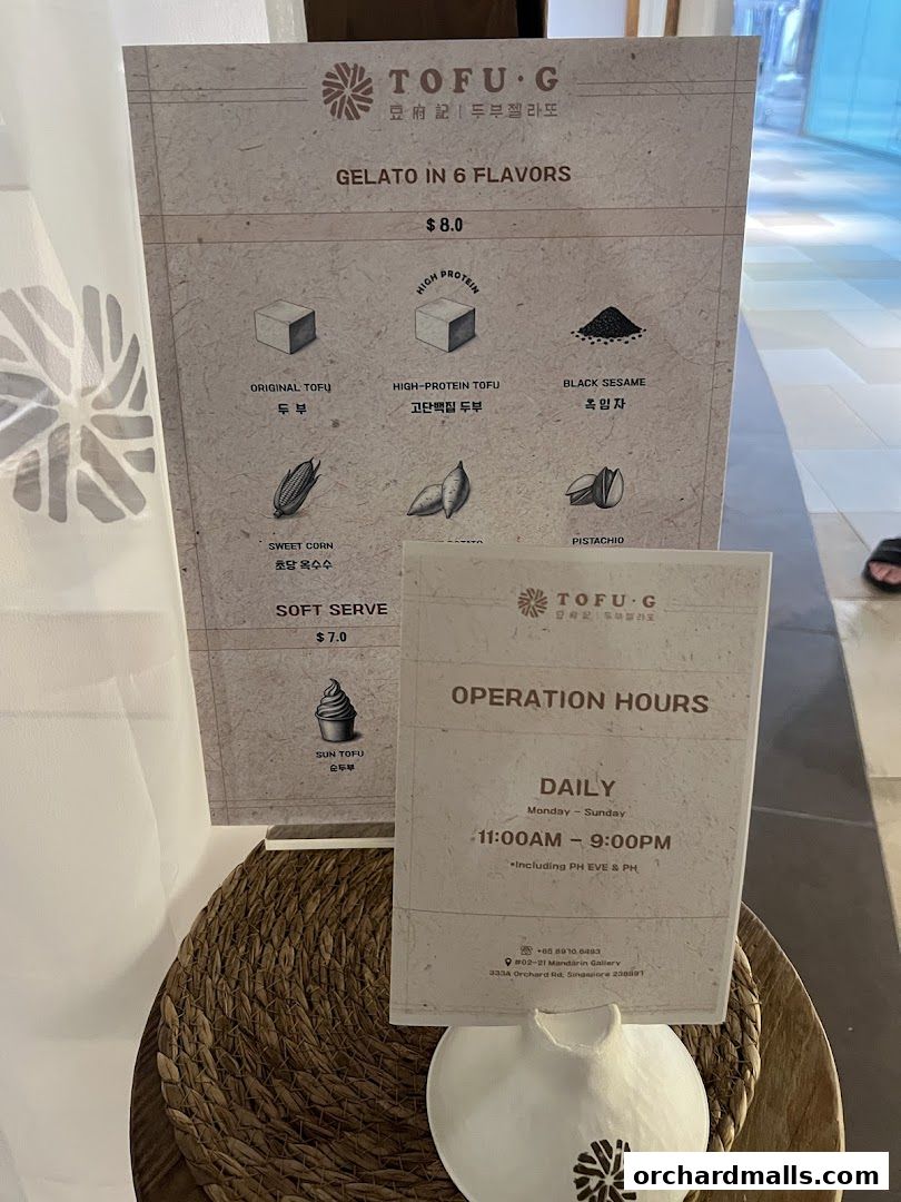 Menu page for Tofu G Gelato  Korean Premium Ice Cream Mandarin Gallery, Orchard Pop-Up