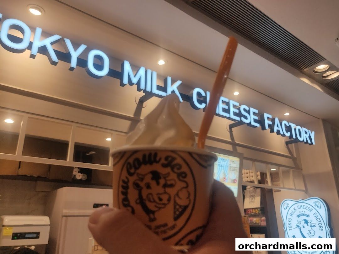 A hand holds a soft-serve ice cream cup in front of the Tokyo Milk Cheese Factory sign.