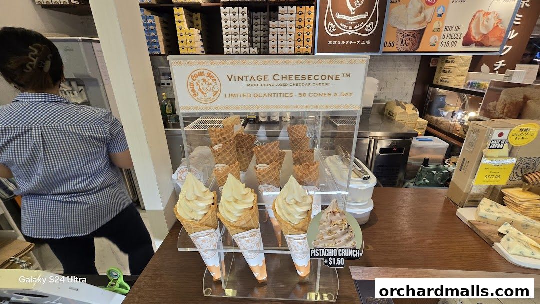 A display of vintage cheese cones and pistachio crunch ice cream at Tokyo Milk Cheese Factory.