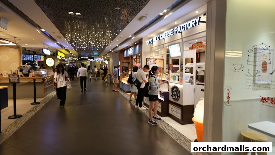 A view of the Tokyo Milk Cheese Factory shop entrance and interior with customers.