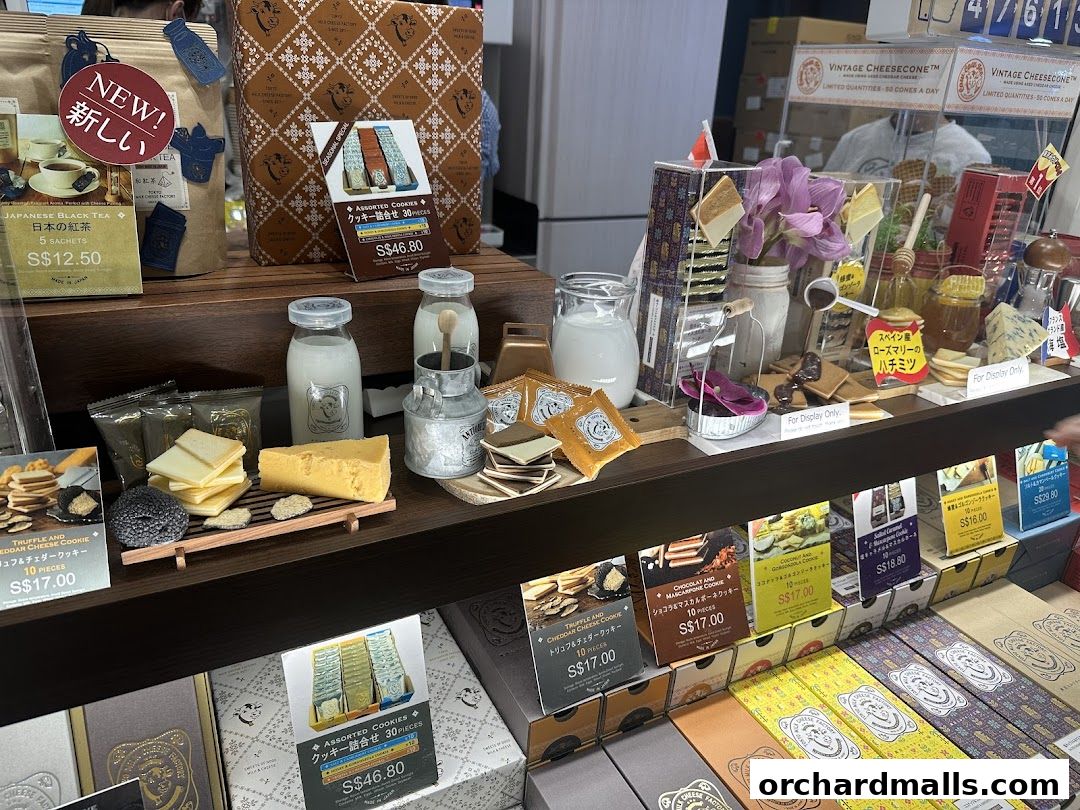 A display of assorted cookies, teas, and cheese-themed treats from Tokyo Milk Cheese Factory.