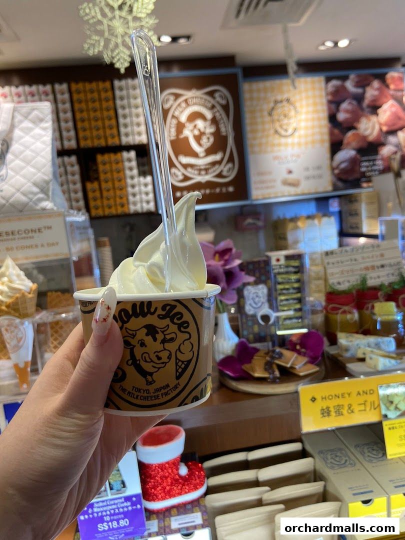 A hand holds a cup of soft-serve ice cream from Tokyo Milk Cheese Factory.