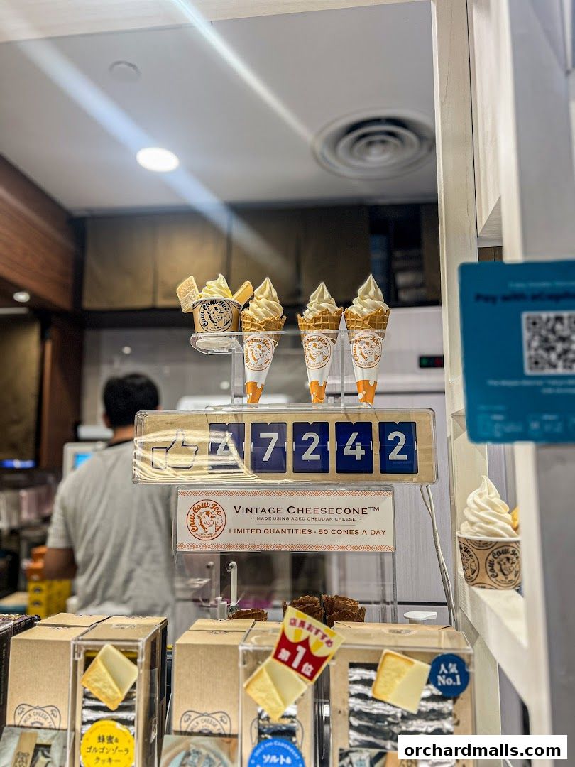 A display of vintage cheese cones and cheese cookies at Tokyo Milk Cheese Factory.