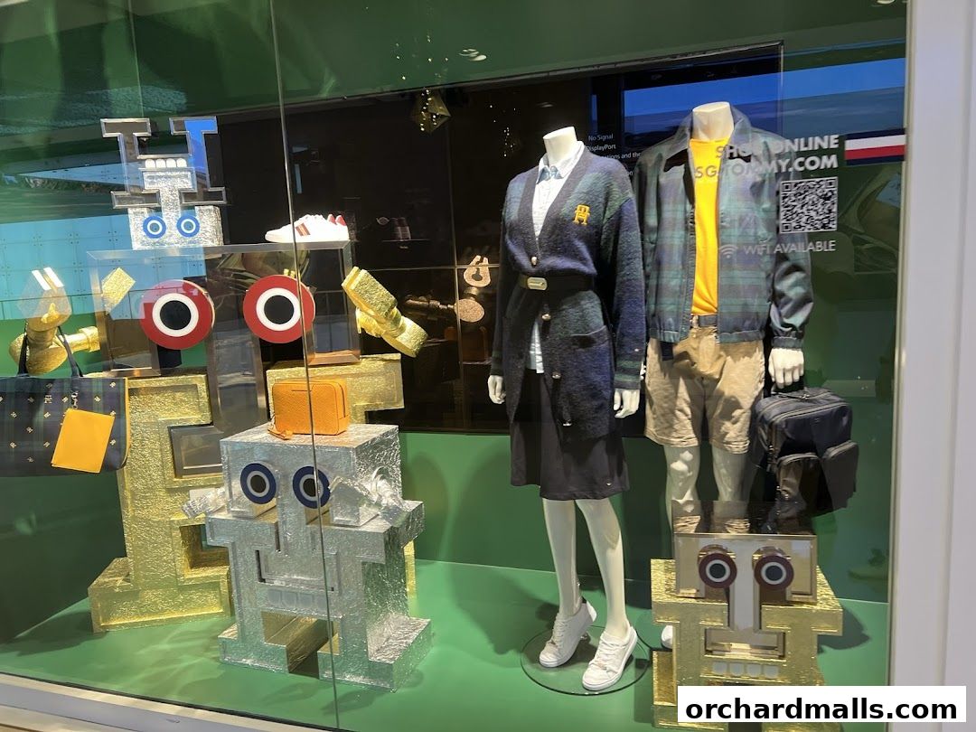 Tommy Hilfiger store window display featuring mannequins and robot-themed decorations.
