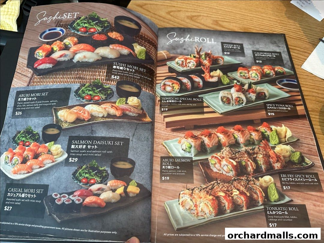 A menu showcasing various sushi sets and rolls with prices and descriptions.