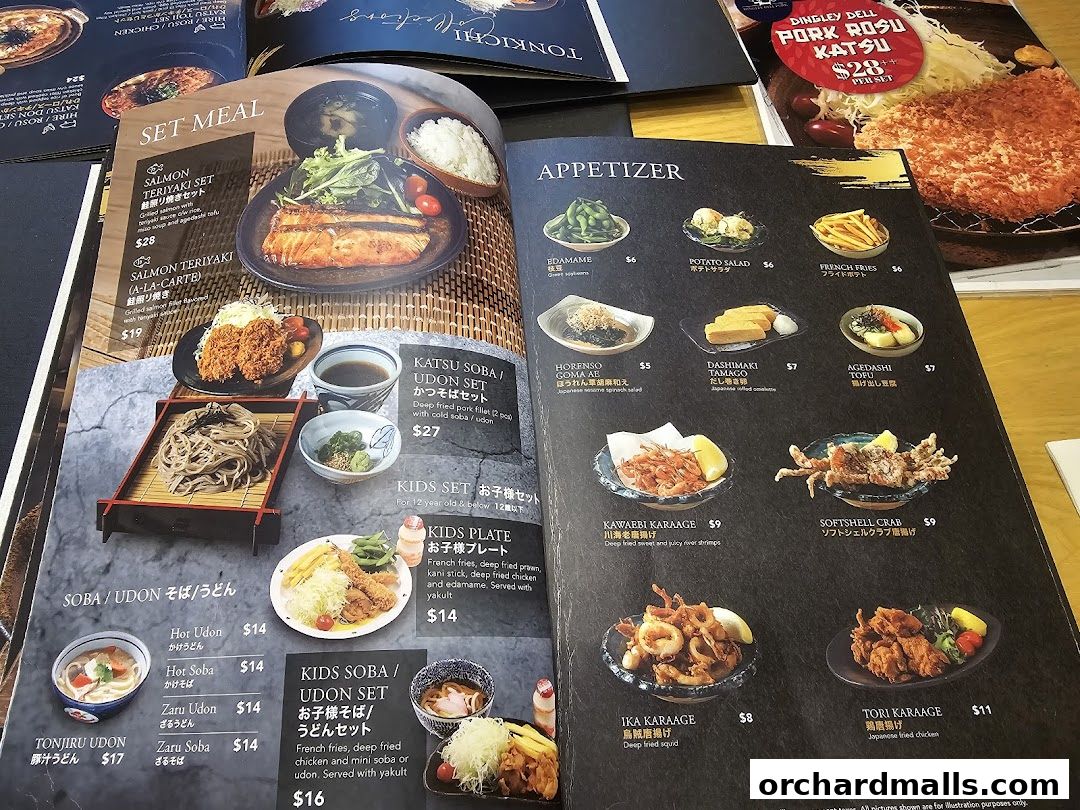 A menu from Tonkichi featuring set meals, appetizers, and kids' options with prices.