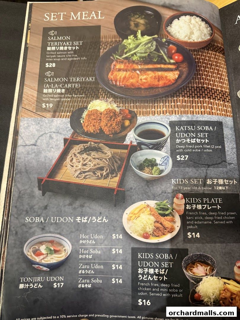 A menu page from Tonkichi featuring set meals, soba, udon, and kids' meals.