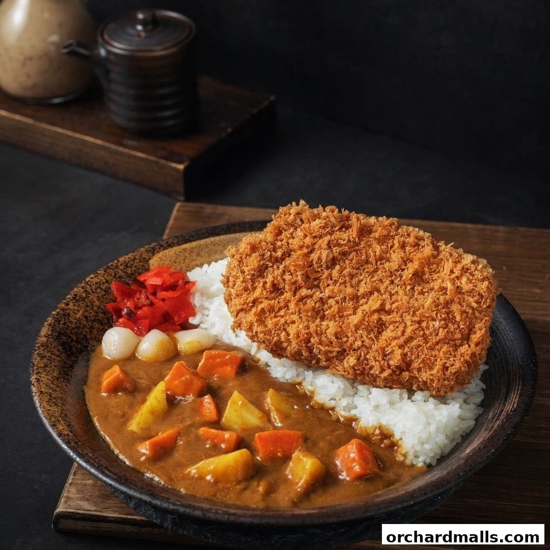 A delicious Tonkichi katsu curry with rice, vegetables, and pickled ginger.