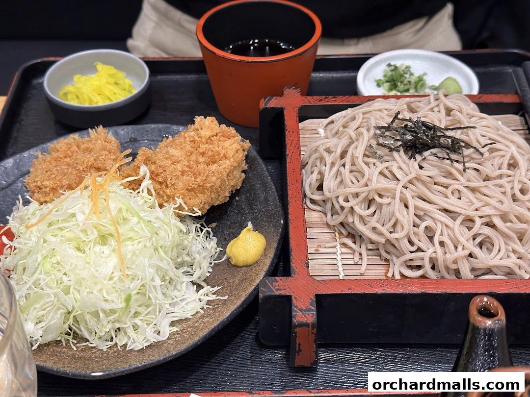 A delicious meal featuring crispy fried cutlets and cold soba noodles.