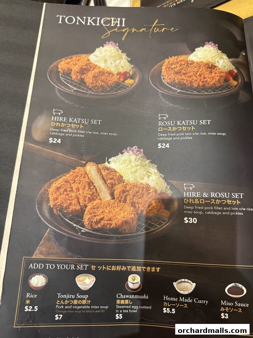 A menu from Tonkichi featuring various katsu sets and side dishes.