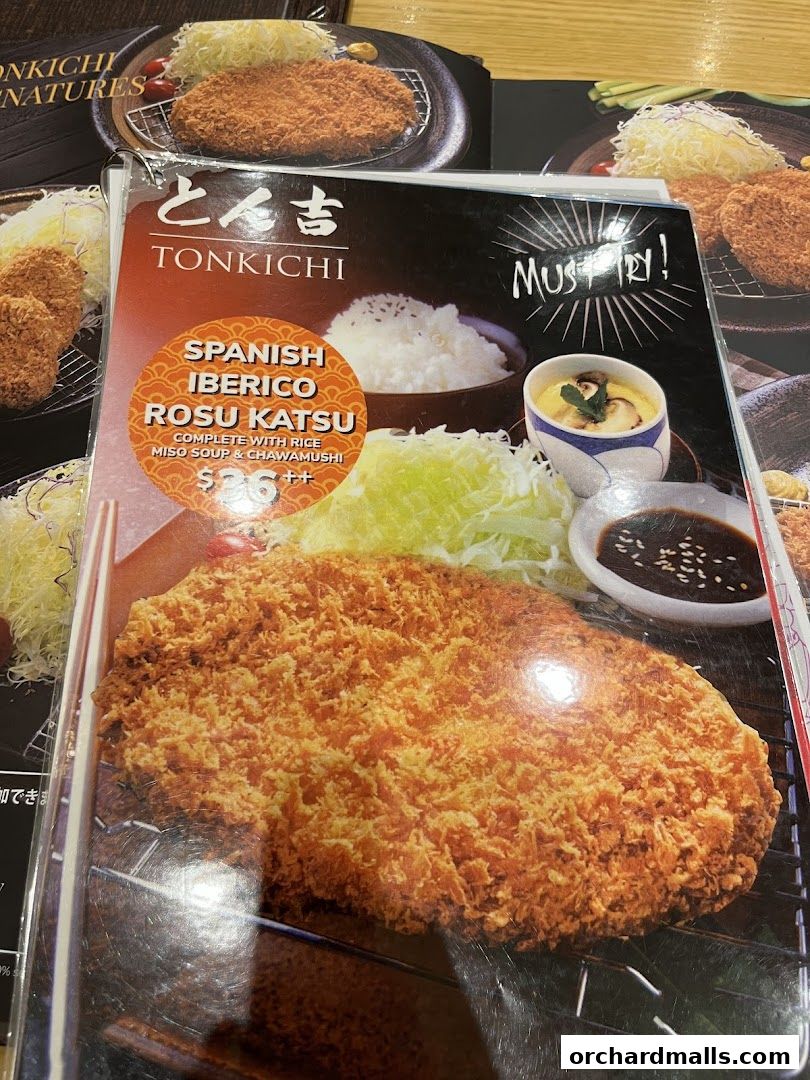 A menu from Tonkichi featuring Spanish Iberico Rosu Katsu with rice, miso soup, and chawanmushi.