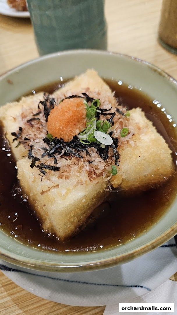A close-up of a delicious Japanese dish, likely agedashi tofu, in a bowl.