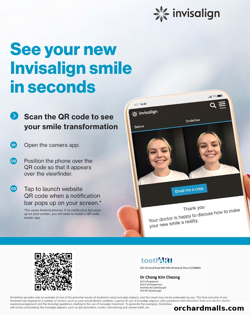 An advertisement for Invisalign dental aligners showing a smile transformation simulation on a phone.
