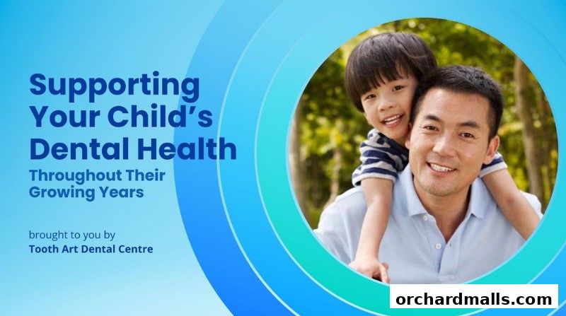 A father and child smiling, with text about supporting child dental health.