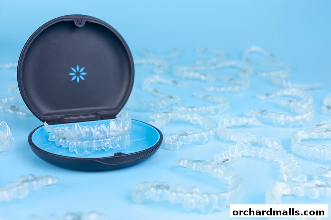 A clear dental aligner case with aligners inside, surrounded by scattered aligners.