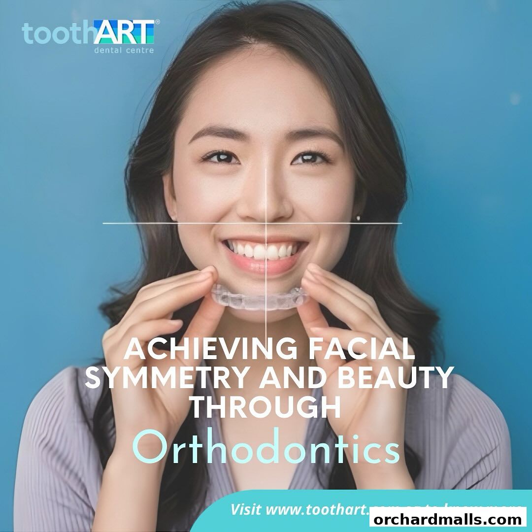 A woman smiles while holding clear aligners, promoting orthodontic treatment for facial symmetry.