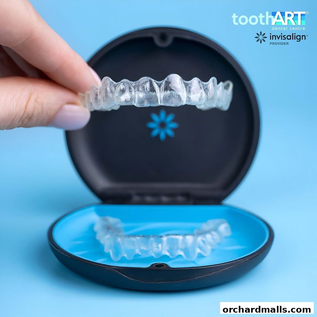 A hand holds clear aligners above an open case with more aligners inside.
