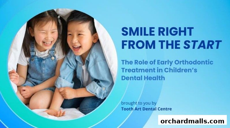 Two happy children peeking from under a blanket, with text about early orthodontic treatment.