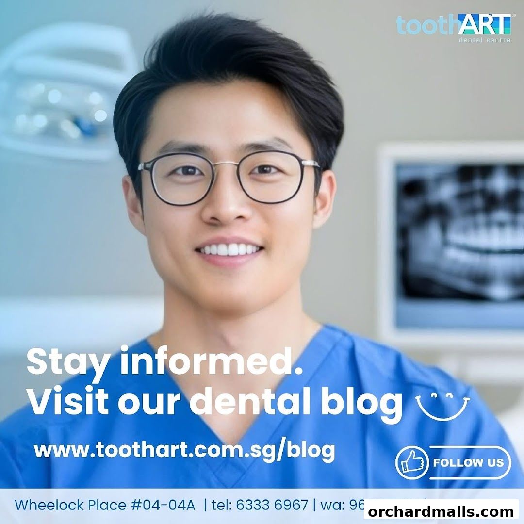 A dentist in scrubs smiles, inviting viewers to visit their dental blog.