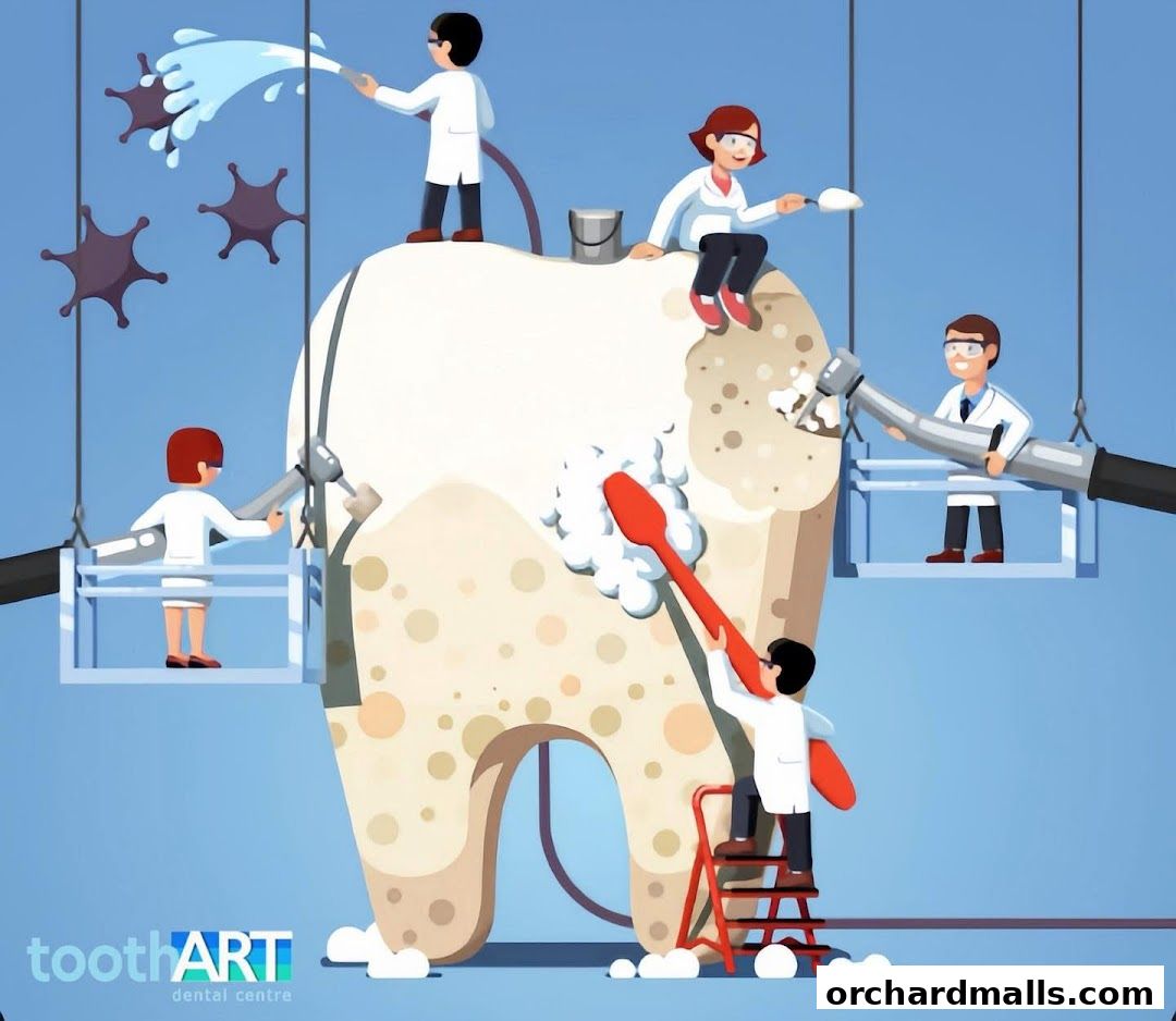 Dentists cleaning a giant tooth with tools and a toothbrush.