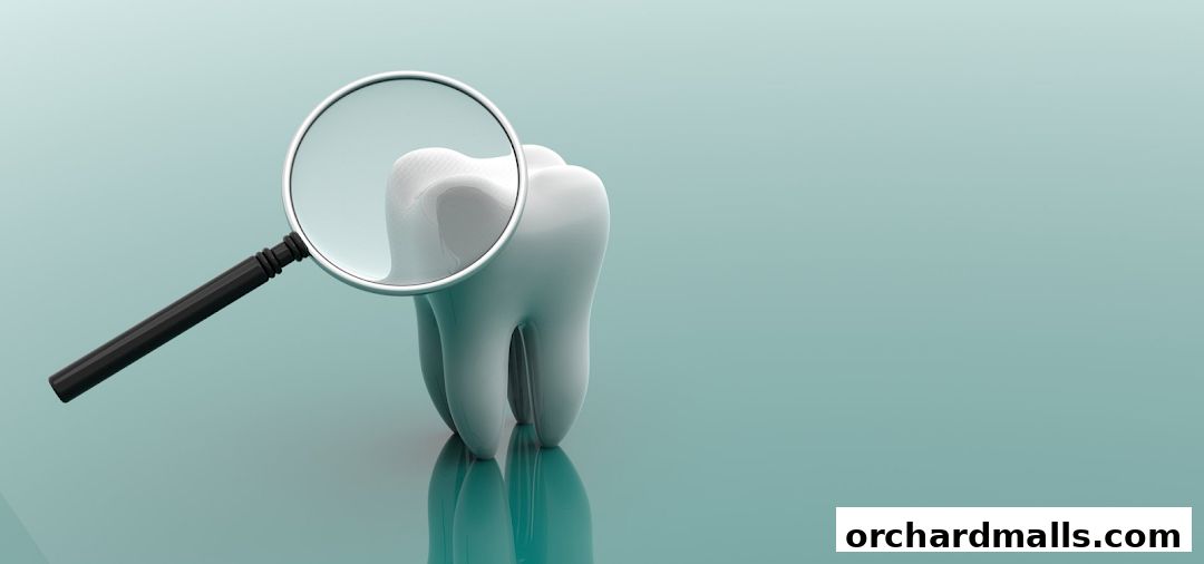 A magnifying glass examines a 3D rendered tooth against a teal background.