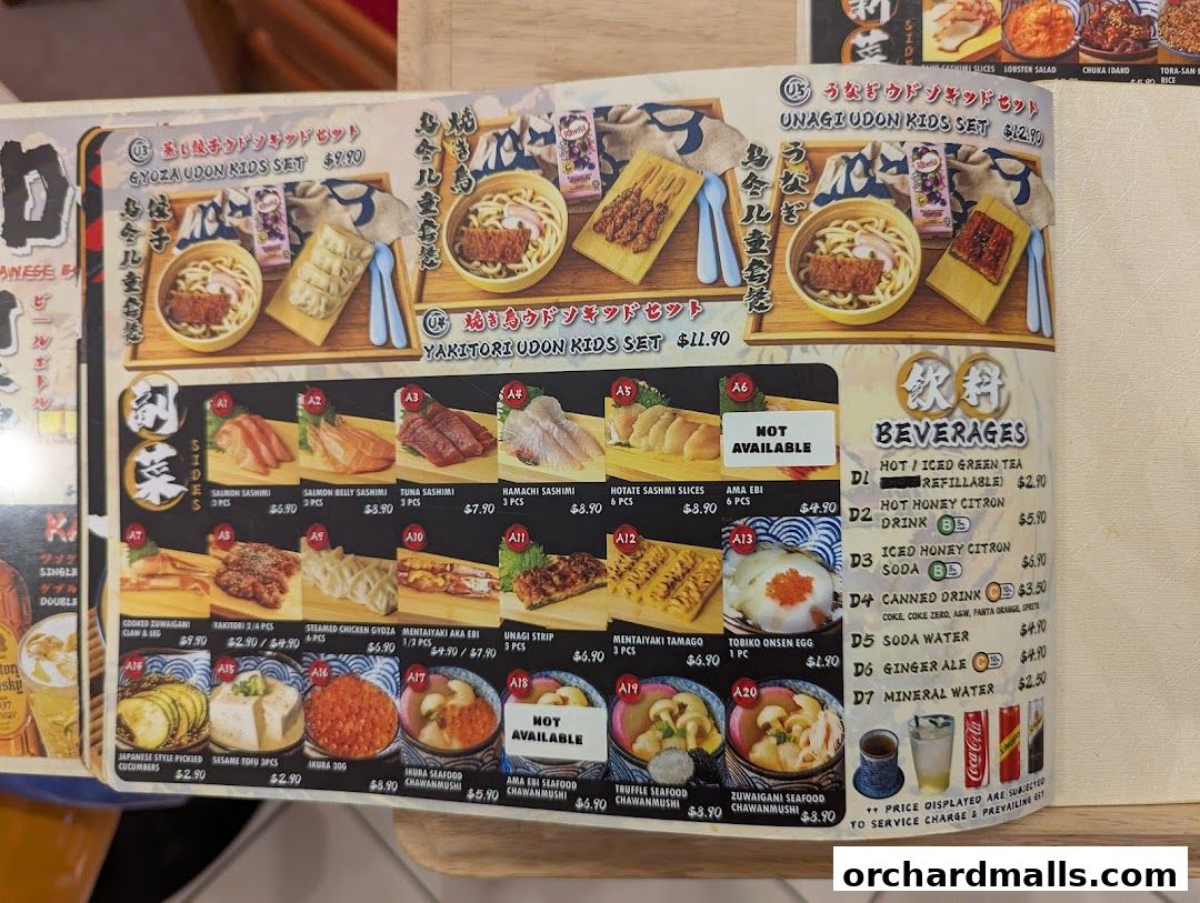 Menu page for Tora-San  CentrePoint Orchard