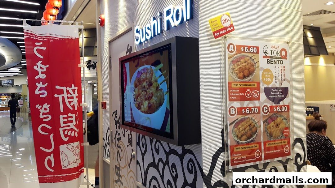 A menu board for TORI-Q featuring bento boxes with chicken, pork, and yakitori.