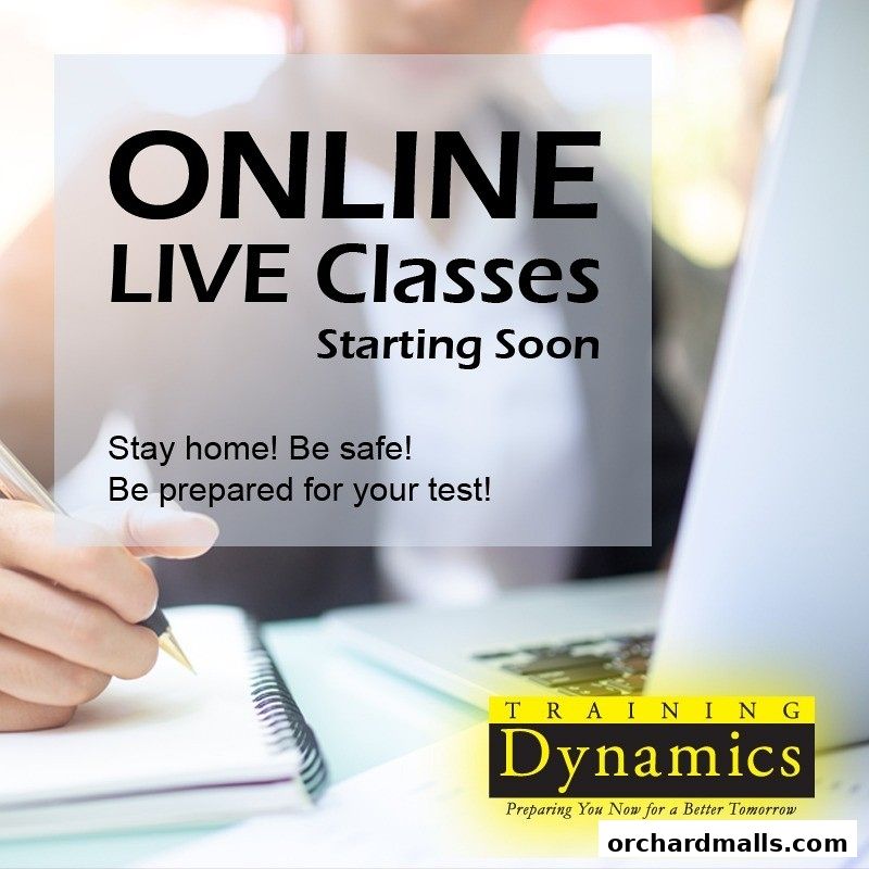 Image promoting online live classes from Training Dynamics, emphasizing safety and preparation.