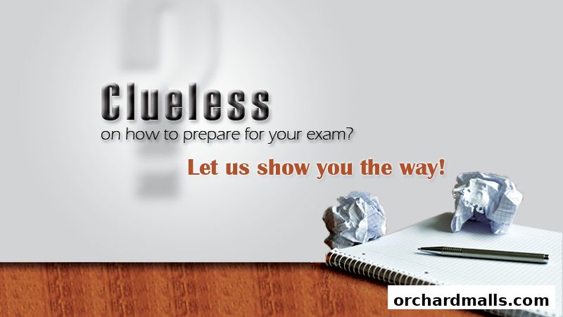 A graphic with text about exam preparation, featuring a notebook and crumpled paper.