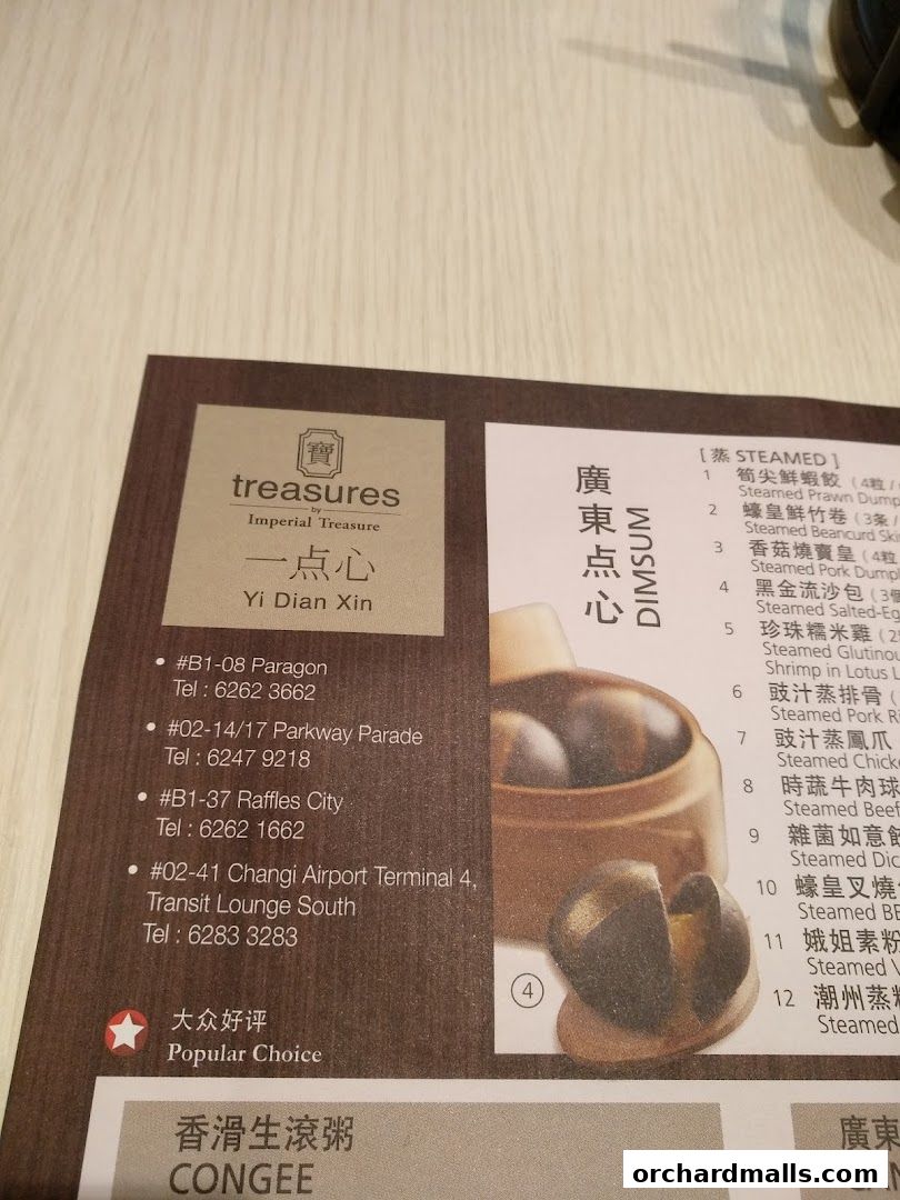 Menu page for Treasures Yi Dian Xin