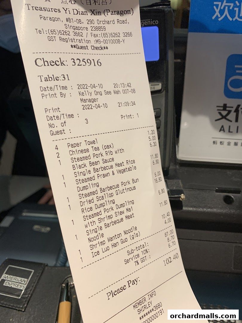 Menu page for Treasures Yi Dian Xin