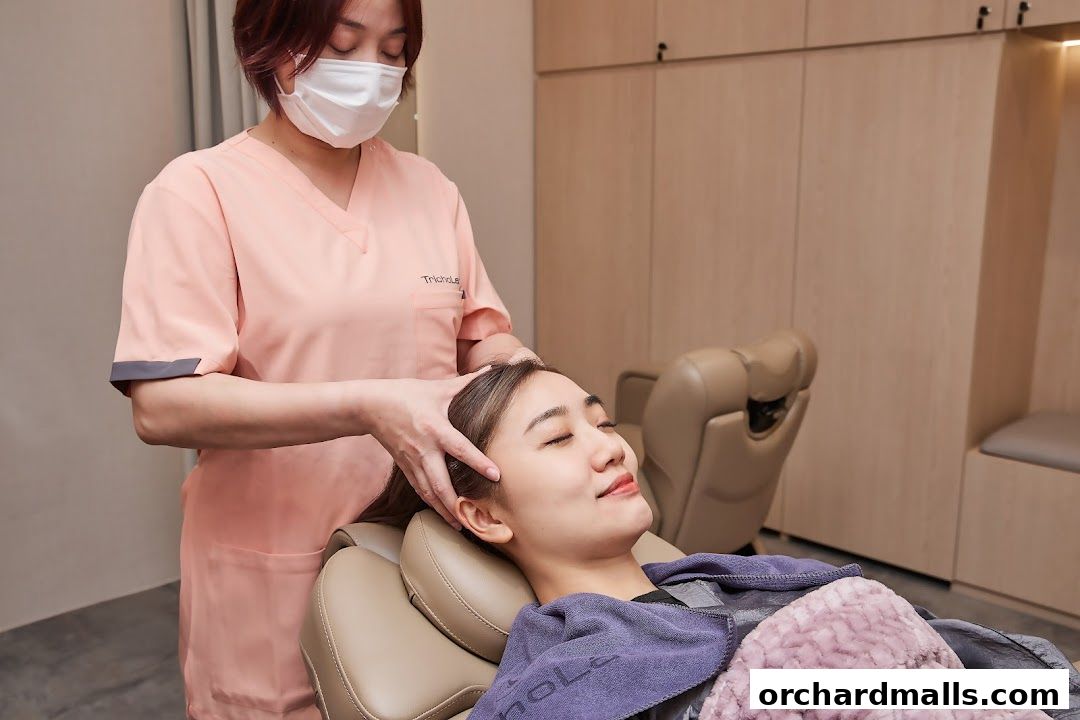 A therapist performs a scalp treatment on a relaxed client in a luxurious spa setting.