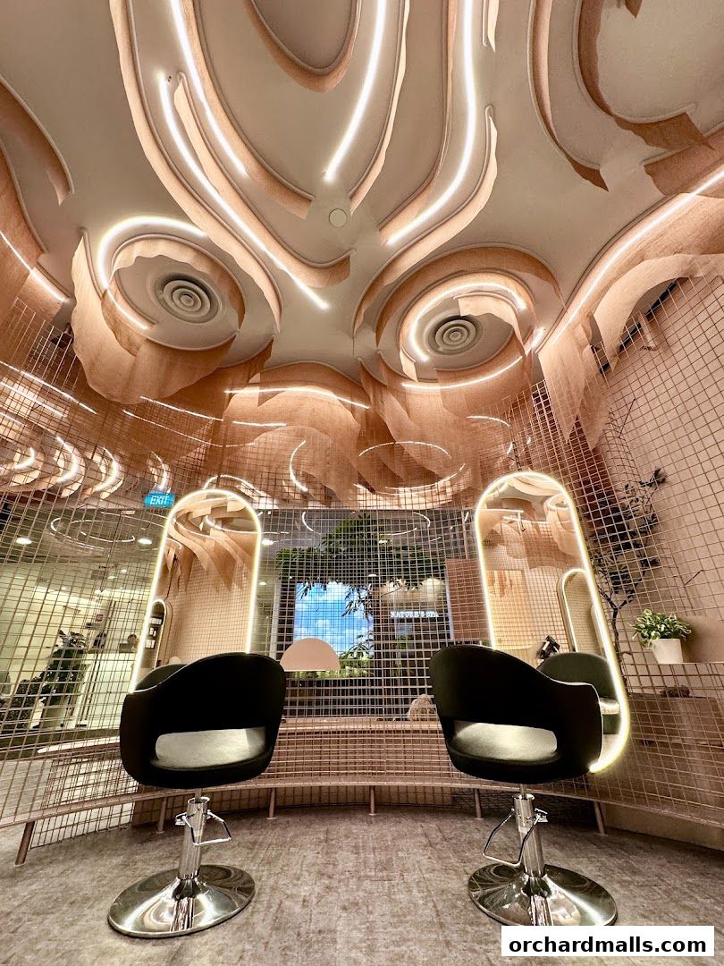 Interior view of a luxurious hair salon with modern chairs and unique ceiling design.