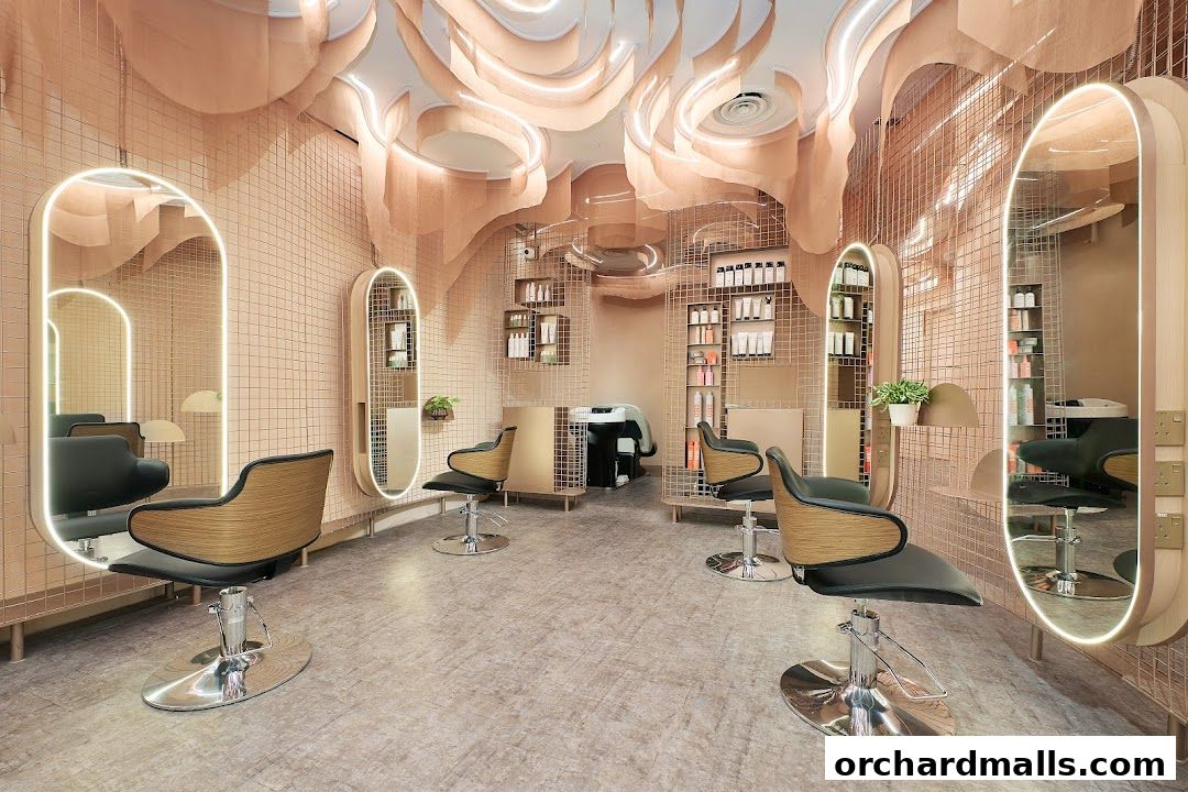 Interior of a luxurious hair salon with modern styling chairs and unique cloud-like ceiling.