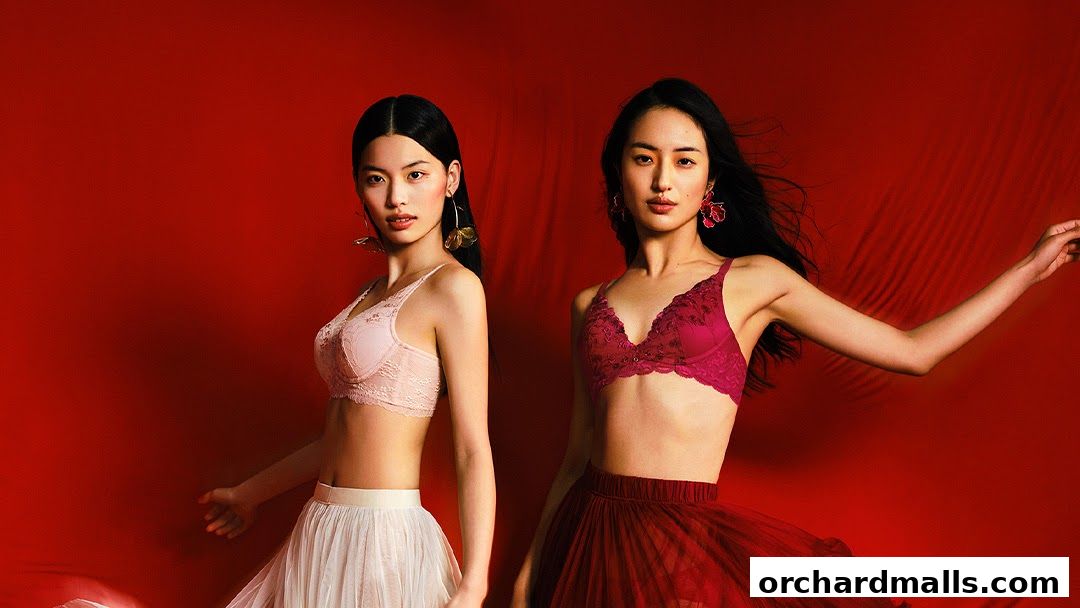 Two models showcase elegant lace bras and flowing skirts against a vibrant red backdrop.