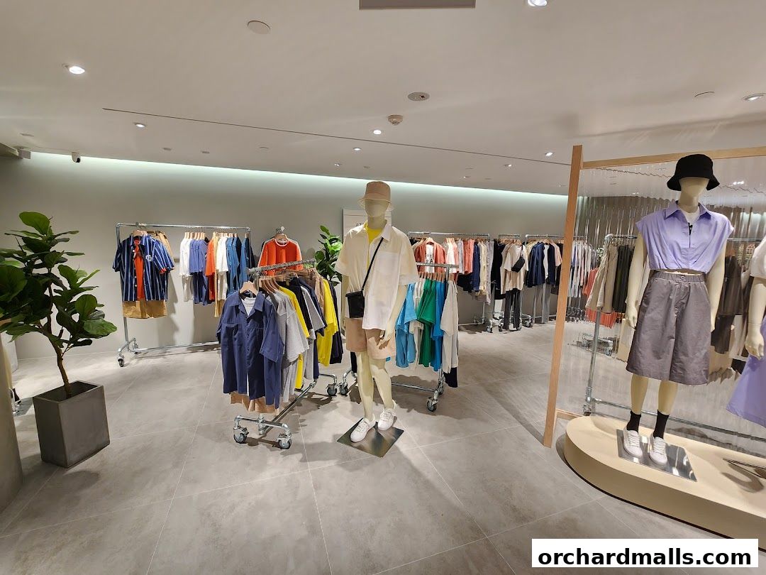 Interior view of a clothing store with mannequins and racks of apparel.