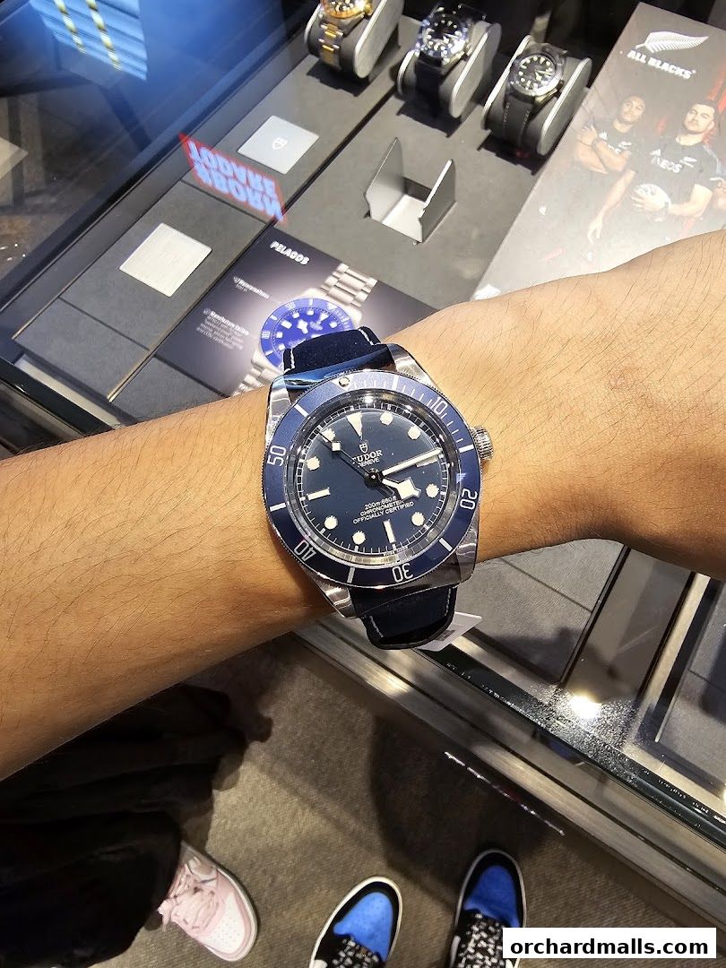 A person wearing a Tudor Pelagos watch in a luxury watch boutique.