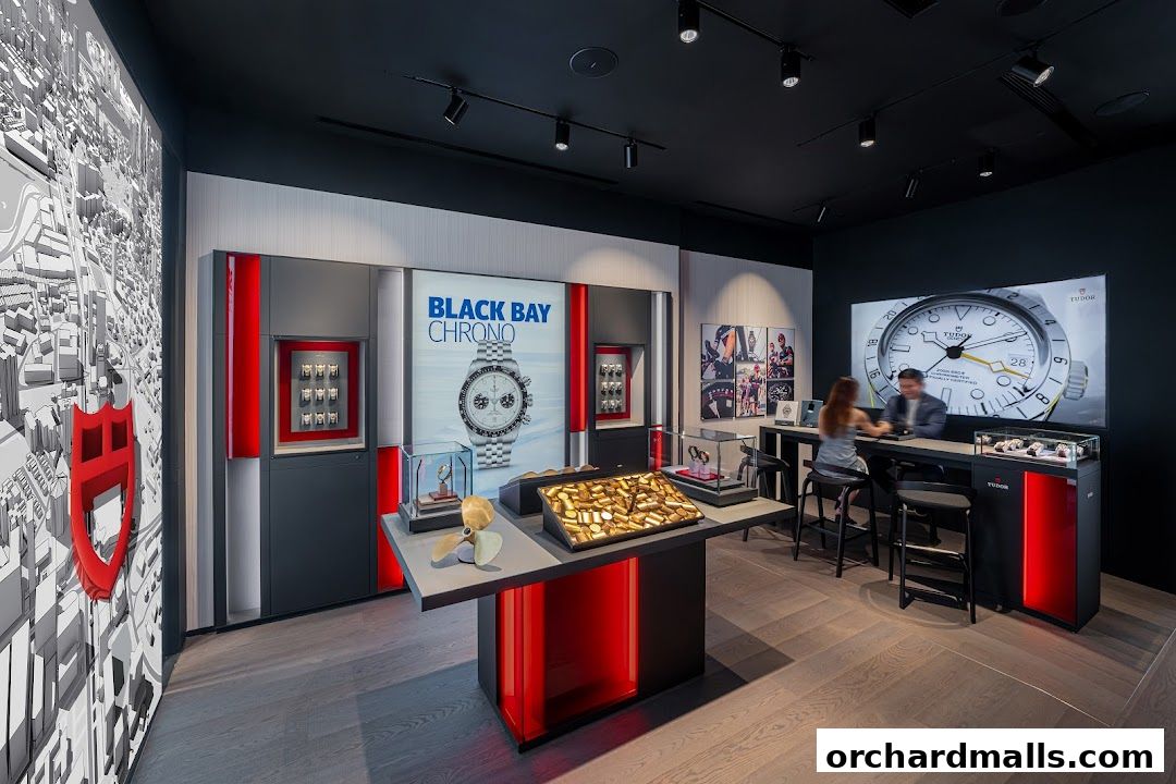 Interior of a Tudor watch boutique with displays of watches and a large screen showing a watch.