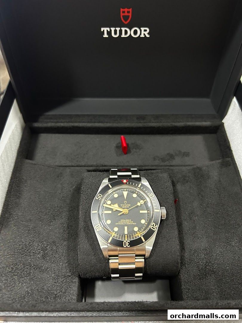 A Tudor watch with a black dial and stainless steel bracelet is displayed in its box.