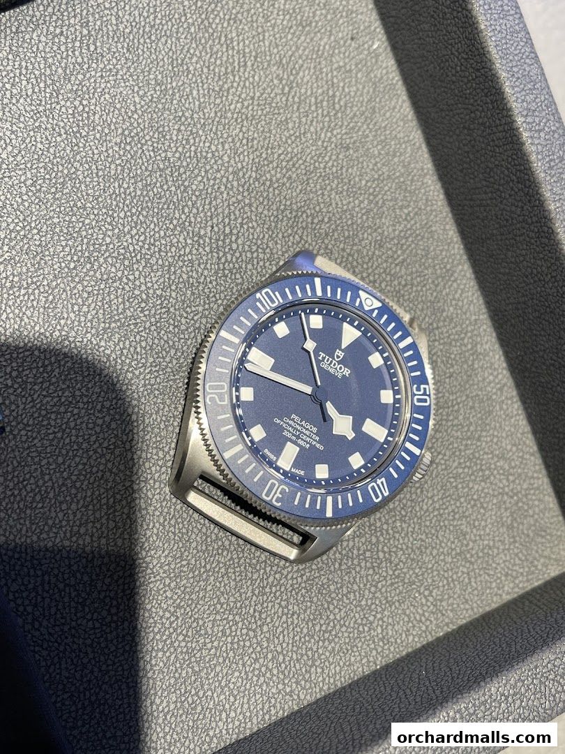 A close-up shot of a Tudor Pelagos dive watch with a blue dial and bezel.