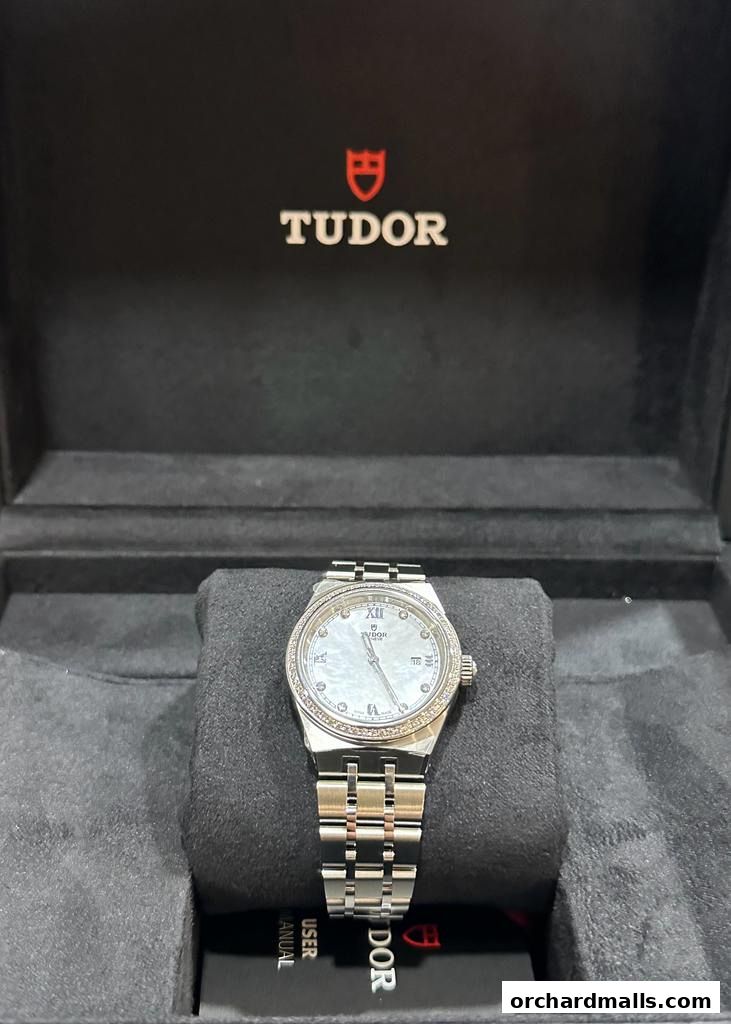 A Tudor watch with a silver dial and diamond bezel is displayed in its box.