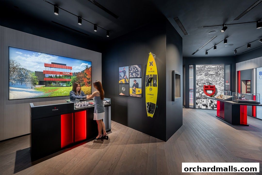 Interior of a Tudor Boutique showcasing watches and brand imagery.